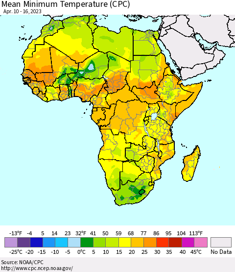 Africa Mean Minimum Temperature (CPC) Thematic Map For 4/10/2023 - 4/16/2023
