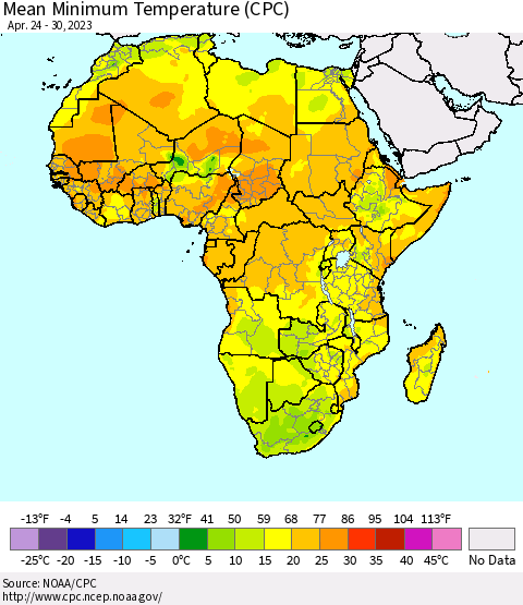 Africa Mean Minimum Temperature (CPC) Thematic Map For 4/24/2023 - 4/30/2023