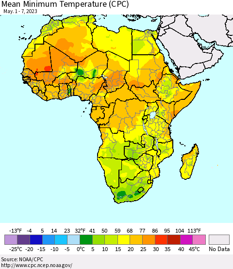 Africa Mean Minimum Temperature (CPC) Thematic Map For 5/1/2023 - 5/7/2023