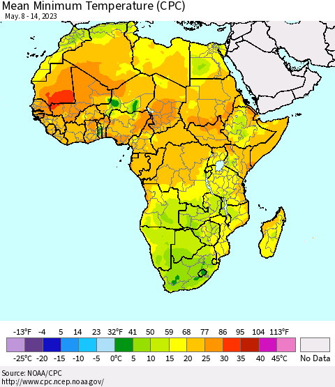 Africa Mean Minimum Temperature (CPC) Thematic Map For 5/8/2023 - 5/14/2023
