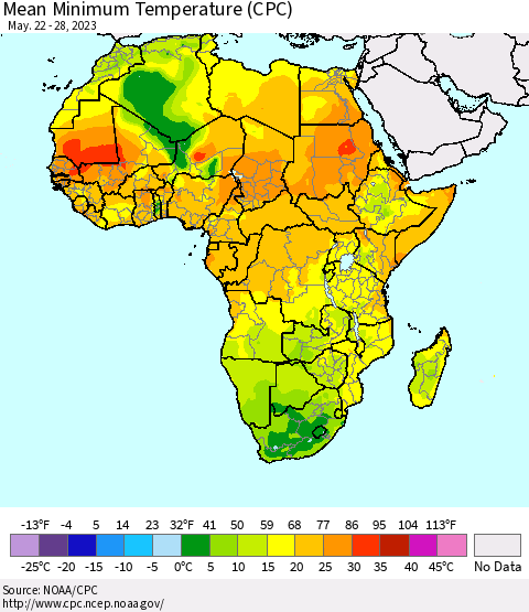 Africa Mean Minimum Temperature (CPC) Thematic Map For 5/22/2023 - 5/28/2023