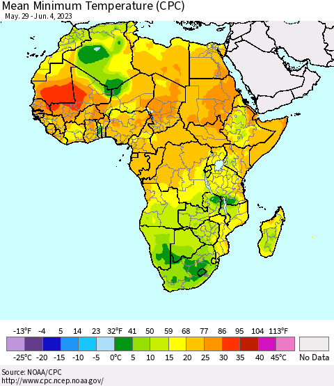 Africa Mean Minimum Temperature (CPC) Thematic Map For 5/29/2023 - 6/4/2023