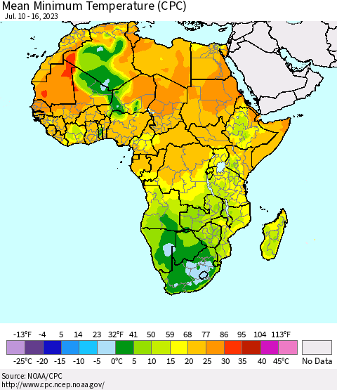 Africa Mean Minimum Temperature (CPC) Thematic Map For 7/10/2023 - 7/16/2023