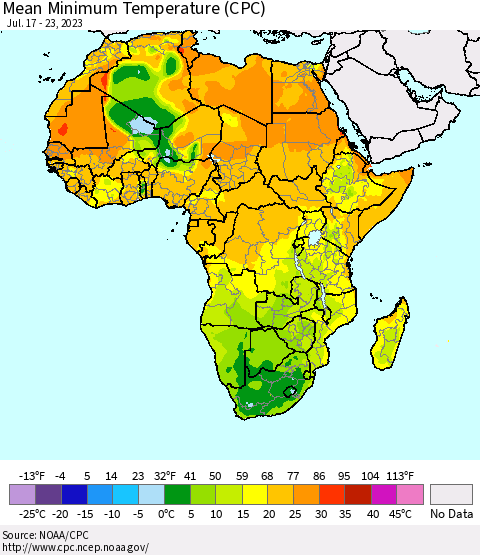 Africa Mean Minimum Temperature (CPC) Thematic Map For 7/17/2023 - 7/23/2023