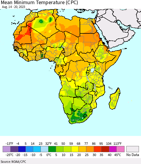 Africa Mean Minimum Temperature (CPC) Thematic Map For 8/14/2023 - 8/20/2023