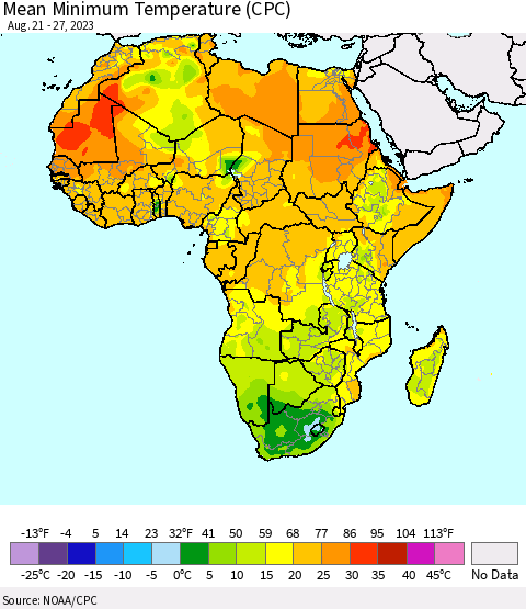 Africa Mean Minimum Temperature (CPC) Thematic Map For 8/21/2023 - 8/27/2023