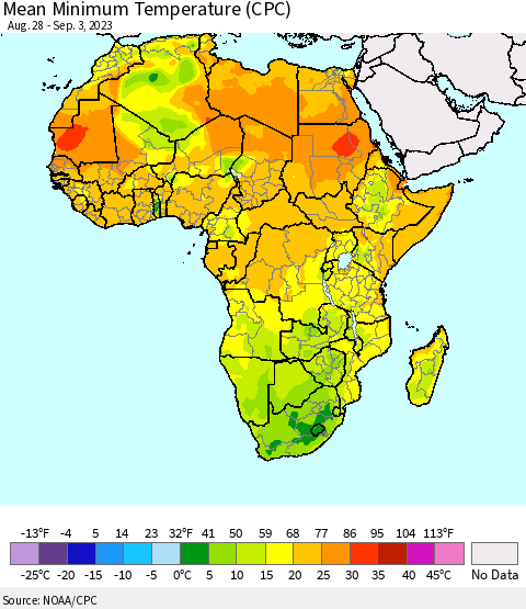 Africa Mean Minimum Temperature (CPC) Thematic Map For 8/28/2023 - 9/3/2023