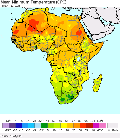 Africa Mean Minimum Temperature (CPC) Thematic Map For 9/4/2023 - 9/10/2023