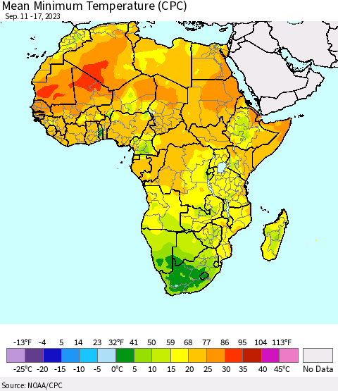 Africa Mean Minimum Temperature (CPC) Thematic Map For 9/11/2023 - 9/17/2023