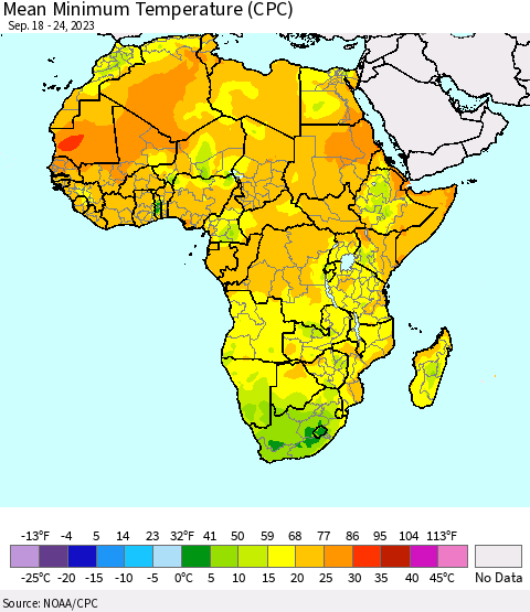 Africa Mean Minimum Temperature (CPC) Thematic Map For 9/18/2023 - 9/24/2023