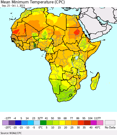 Africa Mean Minimum Temperature (CPC) Thematic Map For 9/25/2023 - 10/1/2023