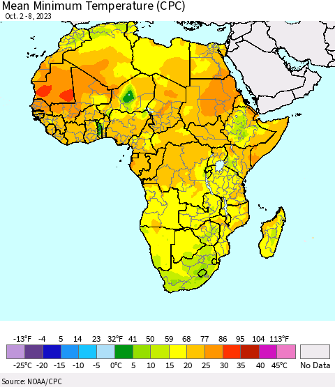 Africa Mean Minimum Temperature (CPC) Thematic Map For 10/2/2023 - 10/8/2023