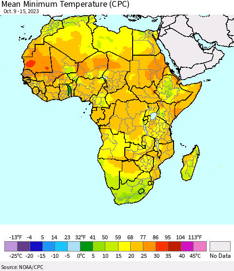 Africa Mean Minimum Temperature (CPC) Thematic Map For 10/9/2023 - 10/15/2023
