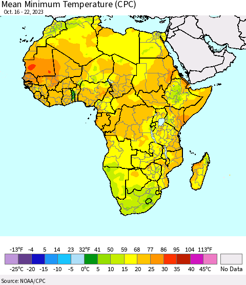 Africa Mean Minimum Temperature (CPC) Thematic Map For 10/16/2023 - 10/22/2023