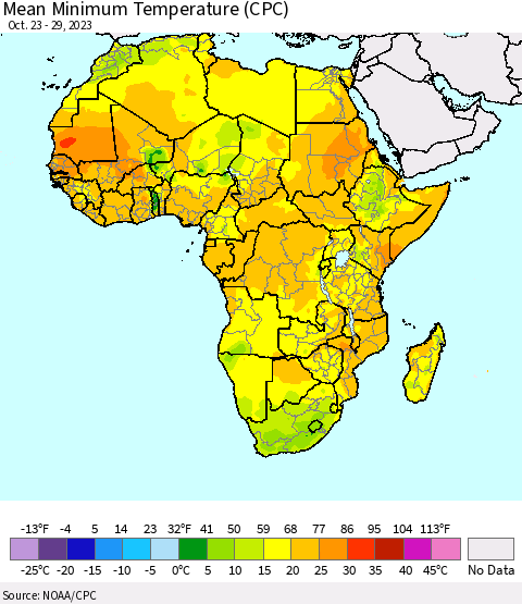 Africa Mean Minimum Temperature (CPC) Thematic Map For 10/23/2023 - 10/29/2023