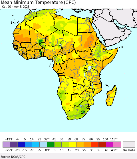 Africa Mean Minimum Temperature (CPC) Thematic Map For 10/30/2023 - 11/5/2023