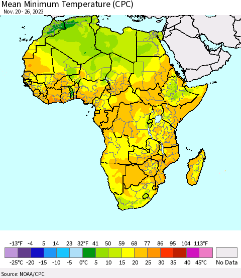 Africa Mean Minimum Temperature (CPC) Thematic Map For 11/20/2023 - 11/26/2023