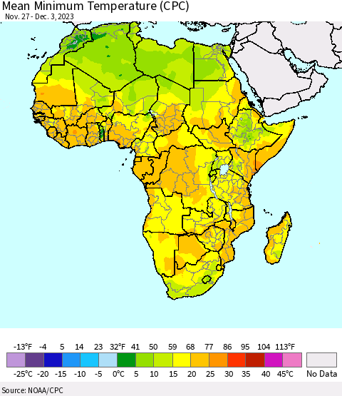 Africa Mean Minimum Temperature (CPC) Thematic Map For 11/27/2023 - 12/3/2023