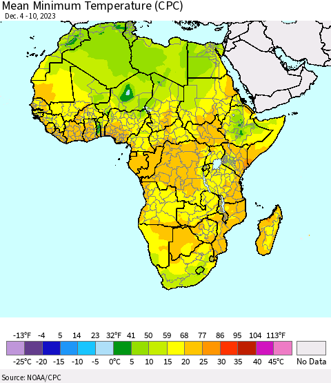 Africa Mean Minimum Temperature (CPC) Thematic Map For 12/4/2023 - 12/10/2023