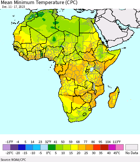 Africa Mean Minimum Temperature (CPC) Thematic Map For 12/11/2023 - 12/17/2023
