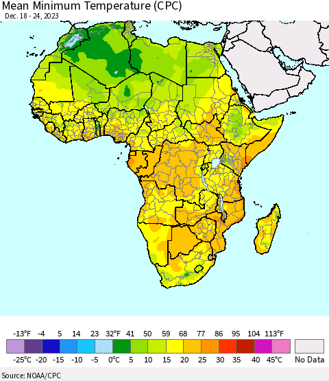 Africa Mean Minimum Temperature (CPC) Thematic Map For 12/18/2023 - 12/24/2023