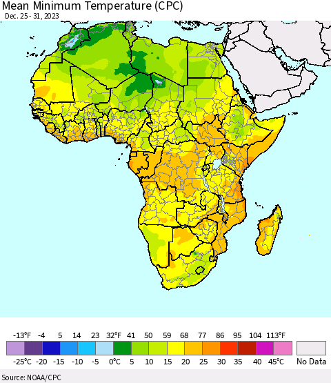 Africa Mean Minimum Temperature (CPC) Thematic Map For 12/25/2023 - 12/31/2023