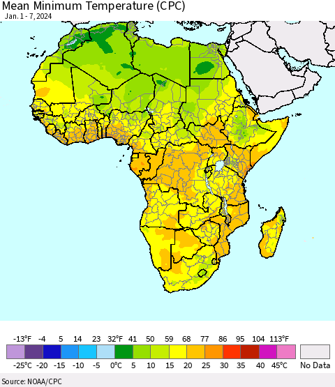 Africa Mean Minimum Temperature (CPC) Thematic Map For 1/1/2024 - 1/7/2024