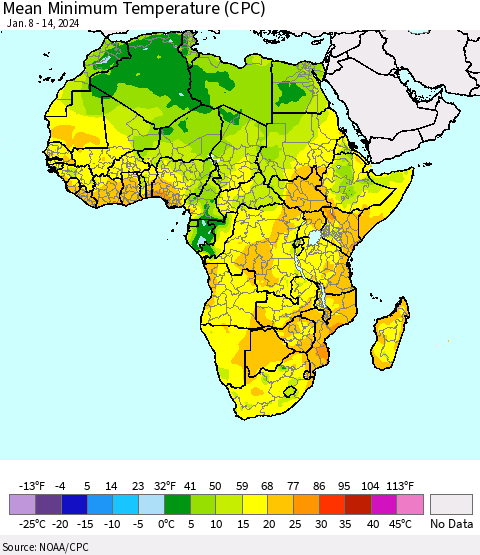 Africa Mean Minimum Temperature (CPC) Thematic Map For 1/8/2024 - 1/14/2024