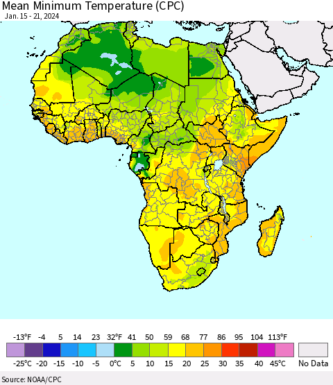 Africa Mean Minimum Temperature (CPC) Thematic Map For 1/15/2024 - 1/21/2024
