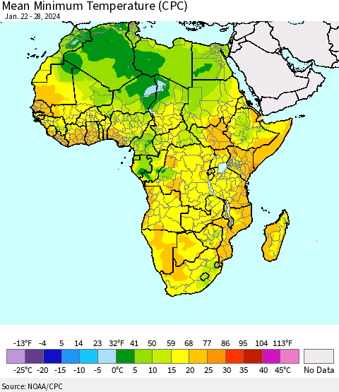 Africa Mean Minimum Temperature (CPC) Thematic Map For 1/22/2024 - 1/28/2024