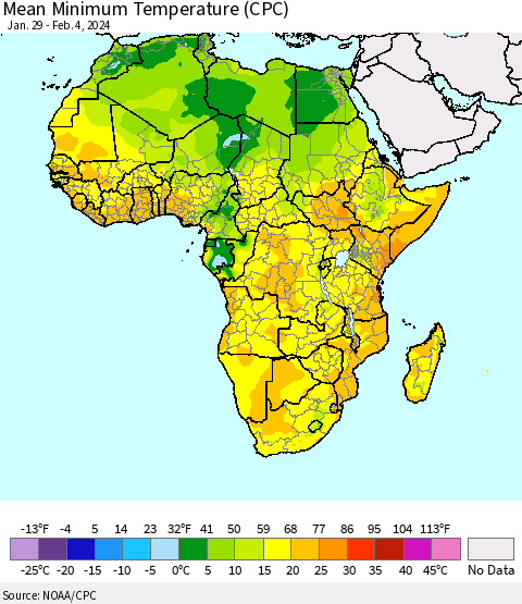 Africa Mean Minimum Temperature (CPC) Thematic Map For 1/29/2024 - 2/4/2024