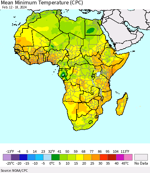 Africa Mean Minimum Temperature (CPC) Thematic Map For 2/12/2024 - 2/18/2024