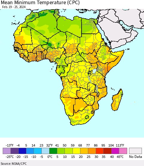 Africa Mean Minimum Temperature (CPC) Thematic Map For 2/19/2024 - 2/25/2024