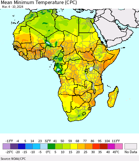 Africa Mean Minimum Temperature (CPC) Thematic Map For 3/4/2024 - 3/10/2024