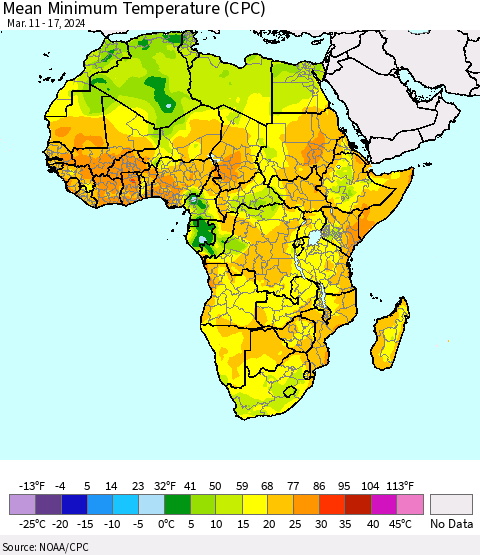Africa Mean Minimum Temperature (CPC) Thematic Map For 3/11/2024 - 3/17/2024