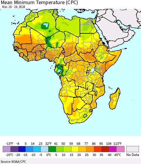 Africa Mean Minimum Temperature (CPC) Thematic Map For 3/18/2024 - 3/24/2024