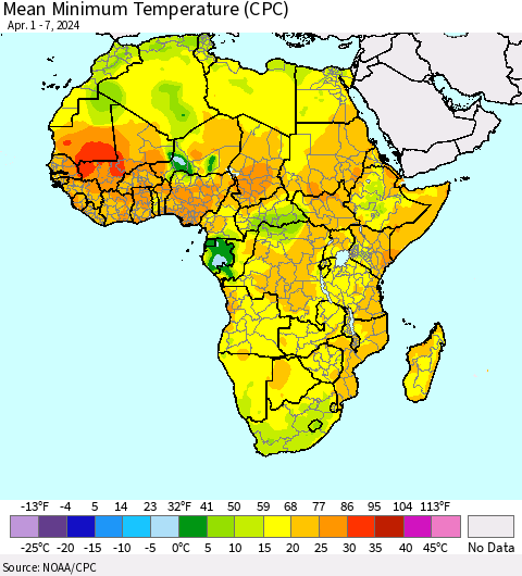 Africa Mean Minimum Temperature (CPC) Thematic Map For 4/1/2024 - 4/7/2024
