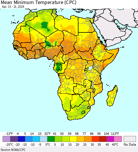 Africa Mean Minimum Temperature (CPC) Thematic Map For 4/15/2024 - 4/21/2024