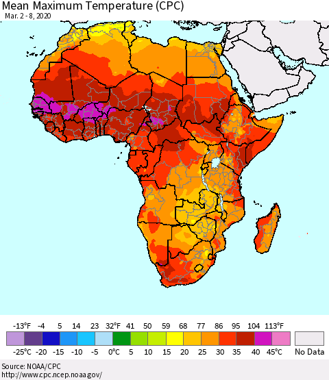 Africa Mean Maximum Temperature (CPC) Thematic Map For 3/2/2020 - 3/8/2020