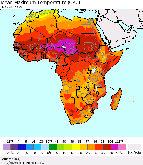 Africa Mean Maximum Temperature (CPC) Thematic Map For 3/23/2020 - 3/29/2020