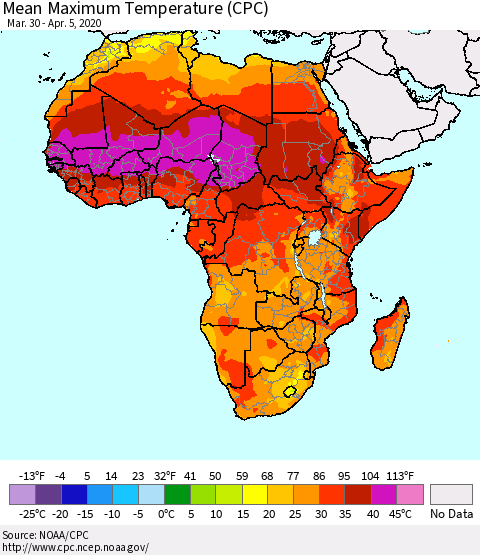 Africa Mean Maximum Temperature (CPC) Thematic Map For 3/30/2020 - 4/5/2020