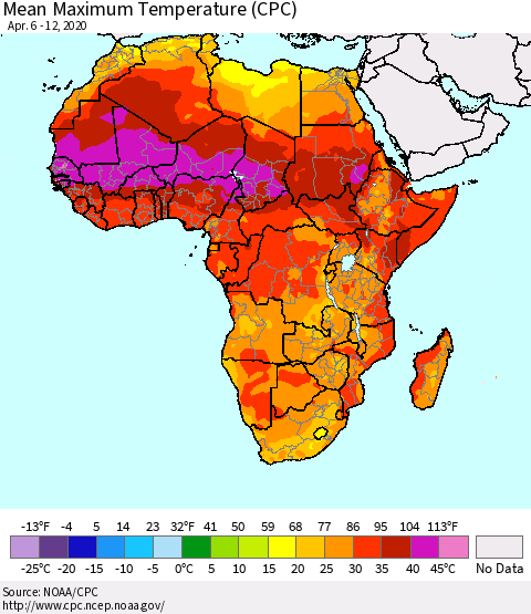 Africa Mean Maximum Temperature (CPC) Thematic Map For 4/6/2020 - 4/12/2020
