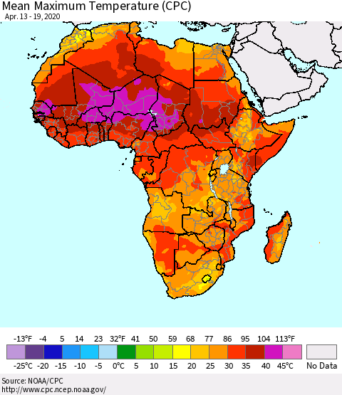 Africa Mean Maximum Temperature (CPC) Thematic Map For 4/13/2020 - 4/19/2020
