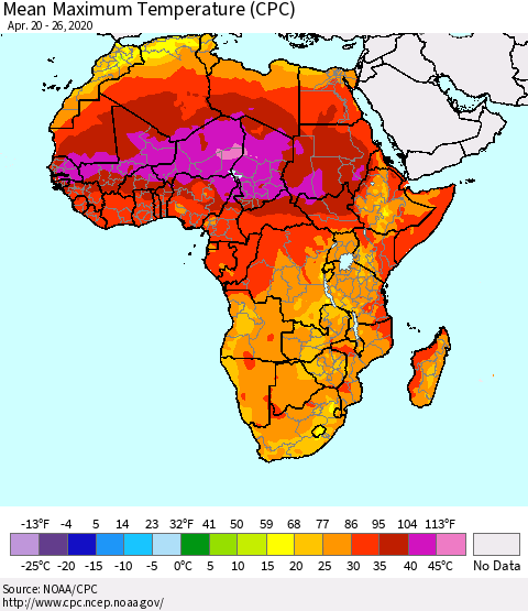 Africa Mean Maximum Temperature (CPC) Thematic Map For 4/20/2020 - 4/26/2020