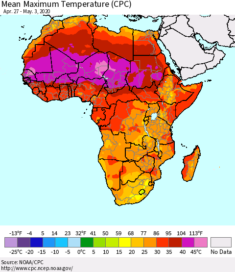 Africa Mean Maximum Temperature (CPC) Thematic Map For 4/27/2020 - 5/3/2020