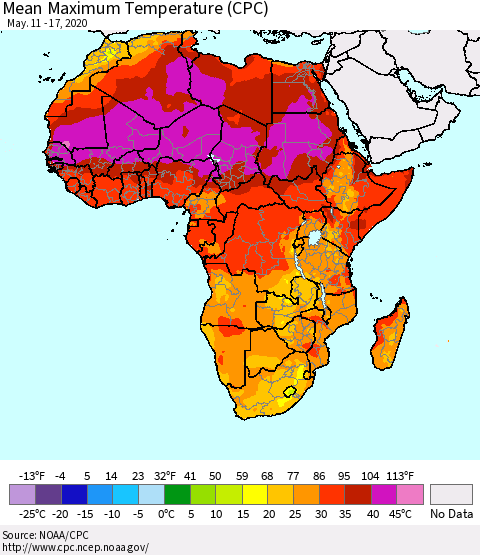 Africa Mean Maximum Temperature (CPC) Thematic Map For 5/11/2020 - 5/17/2020