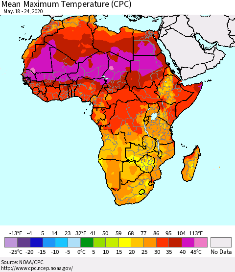 Africa Mean Maximum Temperature (CPC) Thematic Map For 5/18/2020 - 5/24/2020