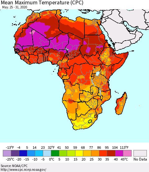 Africa Mean Maximum Temperature (CPC) Thematic Map For 5/25/2020 - 5/31/2020
