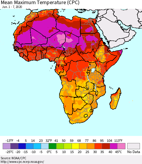 Africa Mean Maximum Temperature (CPC) Thematic Map For 6/1/2020 - 6/7/2020