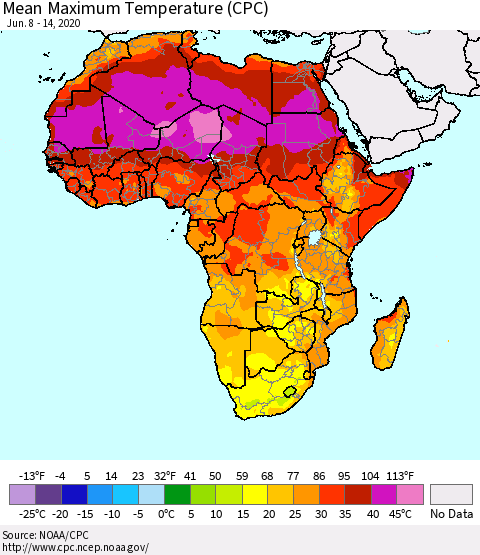 Africa Mean Maximum Temperature (CPC) Thematic Map For 6/8/2020 - 6/14/2020
